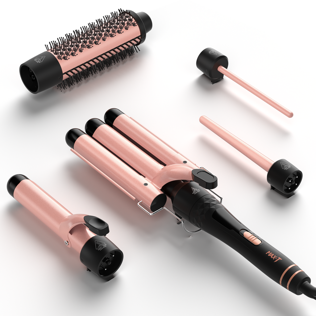 MAXT 5 in 1 Curling Iron Wand Set Dual Voltage 0.35-1.25" Replaceable Ceramic Wand Curler with Glove & Clips Pink