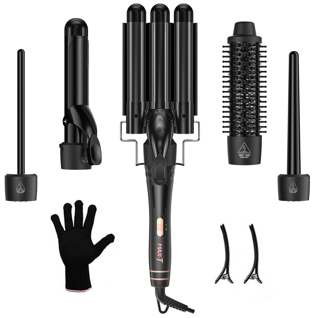 MAXT 5-in-1 Curling Iron Set, Hair Waver, Curling Irons for Hair, Curling Wand Set, Hair Crimper Hair Curler, Hair Tool Kit with Thermal Brush, Gift for Women, Black