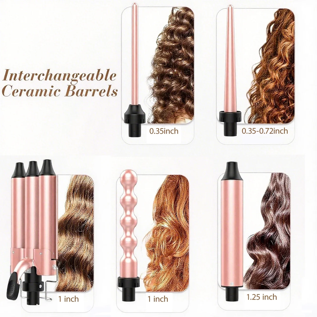 MOCEMTRY 5 in 1 Curling Wand Set with 3 Barrel Hair Crimper for Women，Fast Heating Hair Wand Curler with Two Temp Control.