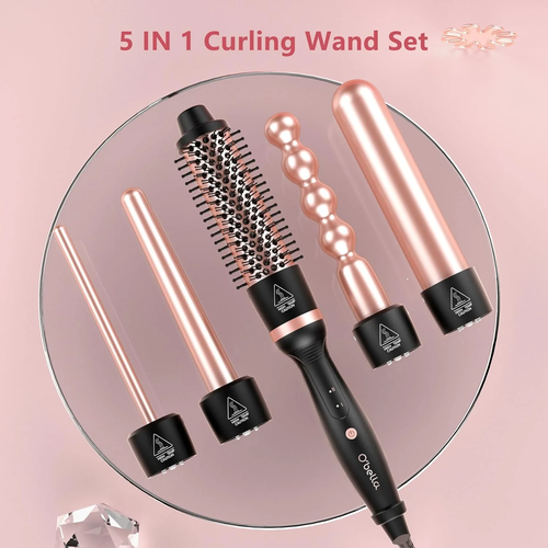 Curling Iron Set,5 in 1 Curling Wand Set with Thermal Brush&4 Interchangeable Ceramic Curling Wand(0.35”-1.25”), 2 Temps Instantly Heating Hair Wand Curler