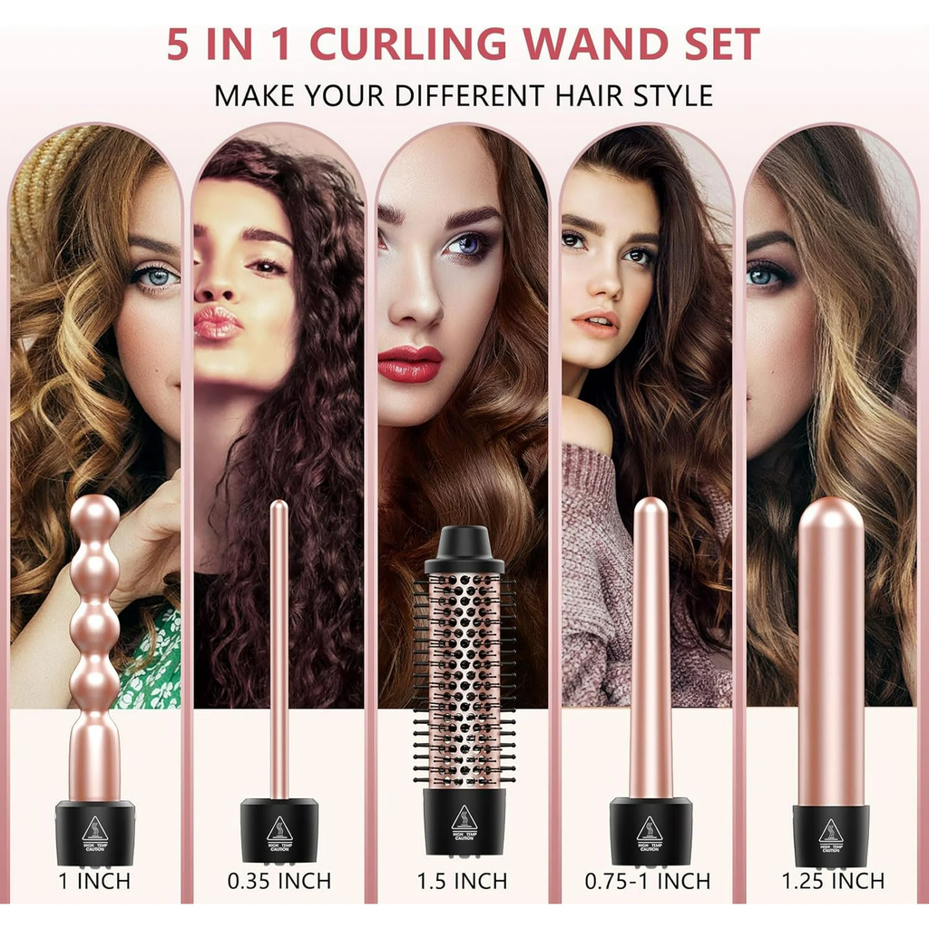 Curling Iron Set,5 in 1 Curling Wand Set with Thermal Brush&4 Interchangeable Ceramic Curling Wand(0.35”-1.25”), 2 Temps Instantly Heating Hair Wand Curler