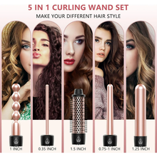 Load image into Gallery viewer, Curling Iron Set,5 in 1 Curling Wand Set with Thermal Brush&amp;4 Interchangeable Ceramic Curling Wand(0.35”-1.25”), 2 Temps Instantly Heating Hair Wand Curler