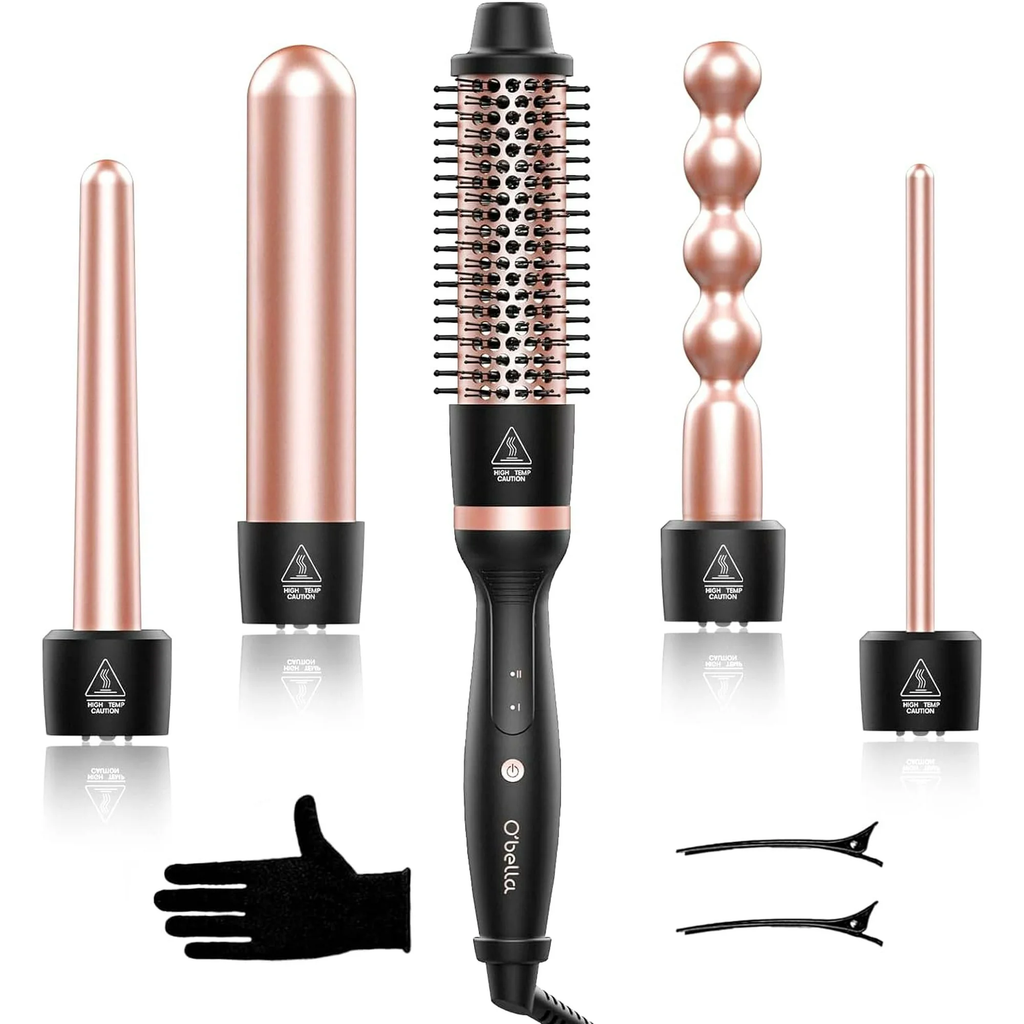 Curling Iron Set,5 in 1 Curling Wand Set with Thermal Brush&4 Interchangeable Ceramic Curling Wand(0.35”-1.25”), 2 Temps Instantly Heating Hair Wand Curler