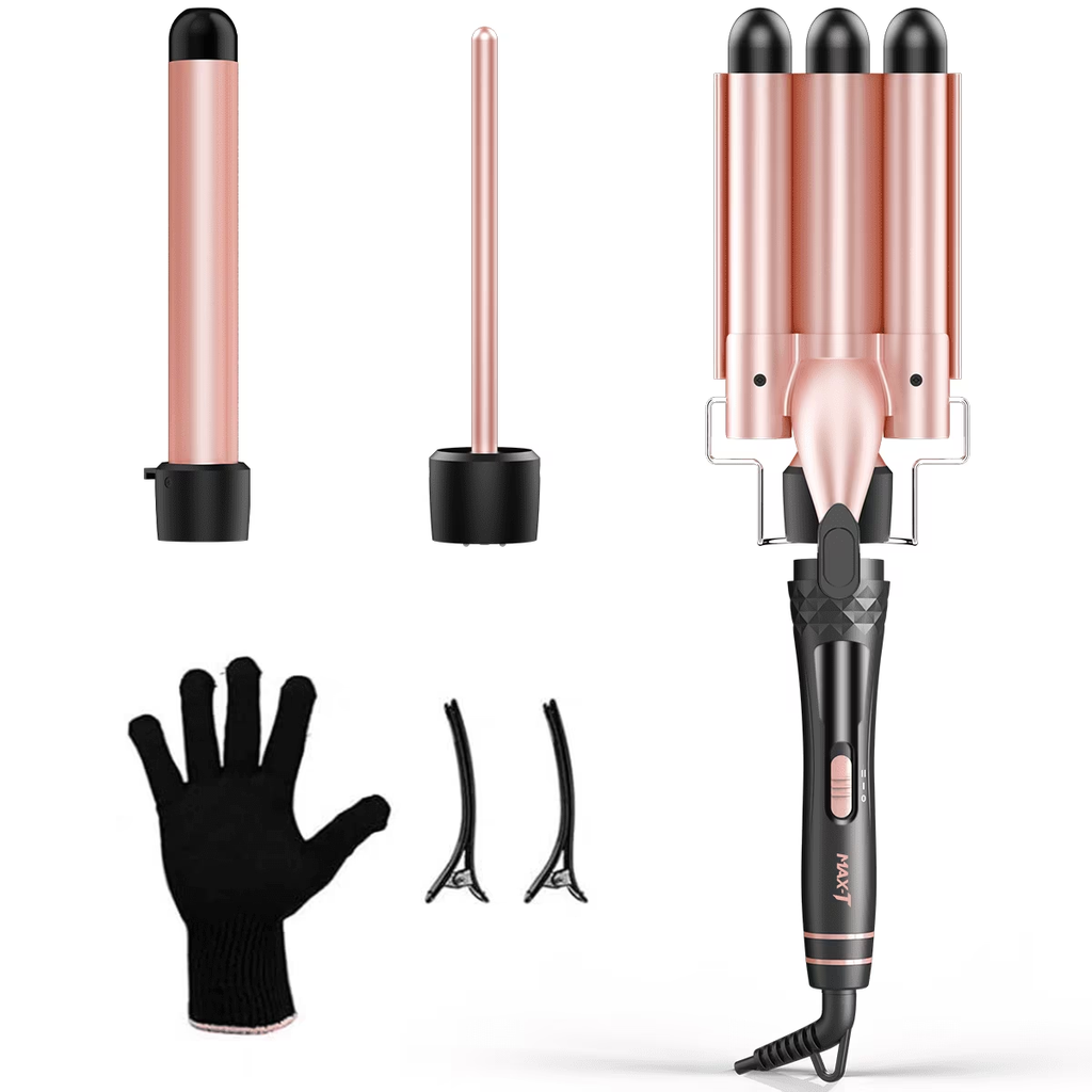 3 in 1 Curling Wand Set Included 1 inch 3 barrel hair crimper, 0.35 inch hair curling wand and 1.73 inch wand curler, Long Barrel Curling Iron with Tourmaline Ceramic Coating, Fast Heating