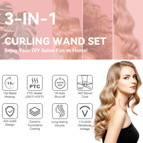 3 in 1 Curling Wand Set Included 1 inch 3 barrel hair crimper, 0.35 inch hair curling wand and 1.73 inch wand curler, Long Barrel Curling Iron with Tourmaline Ceramic Coating, Fast Heating