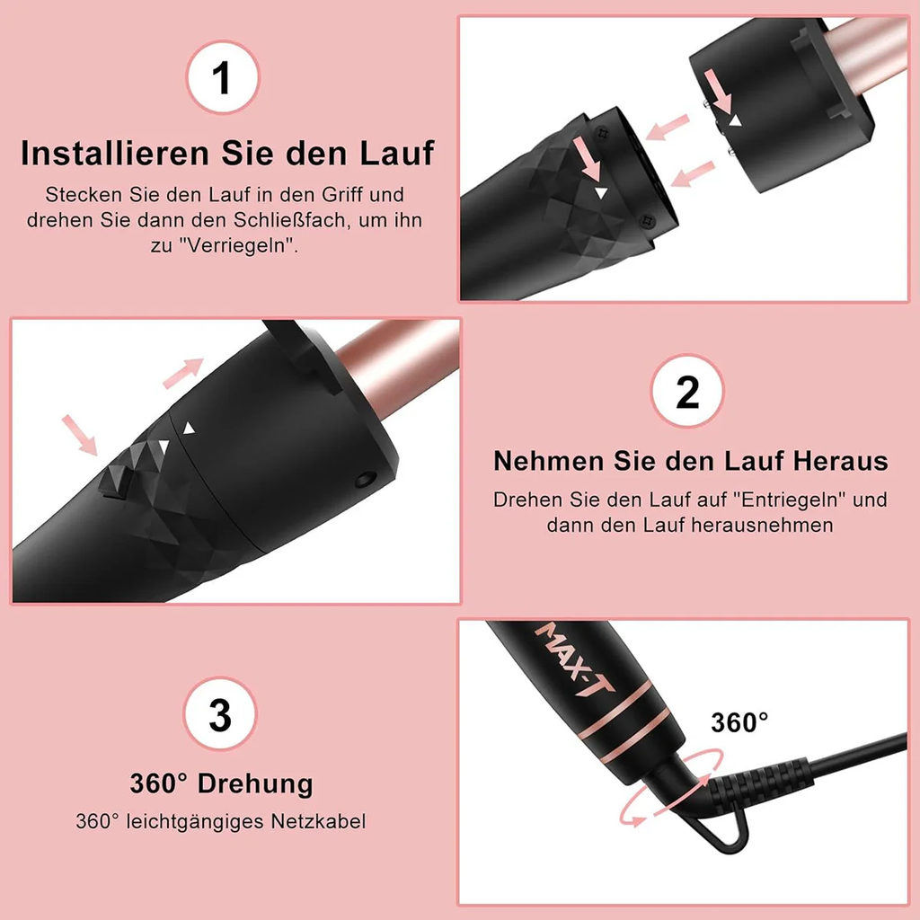 3 in 1 Curling Wand Set Included 1 inch 3 barrel hair crimper, 0.35 inch hair curling wand and 1.73 inch wand curler, Long Barrel Curling Iron with Tourmaline Ceramic Coating, Fast Heating