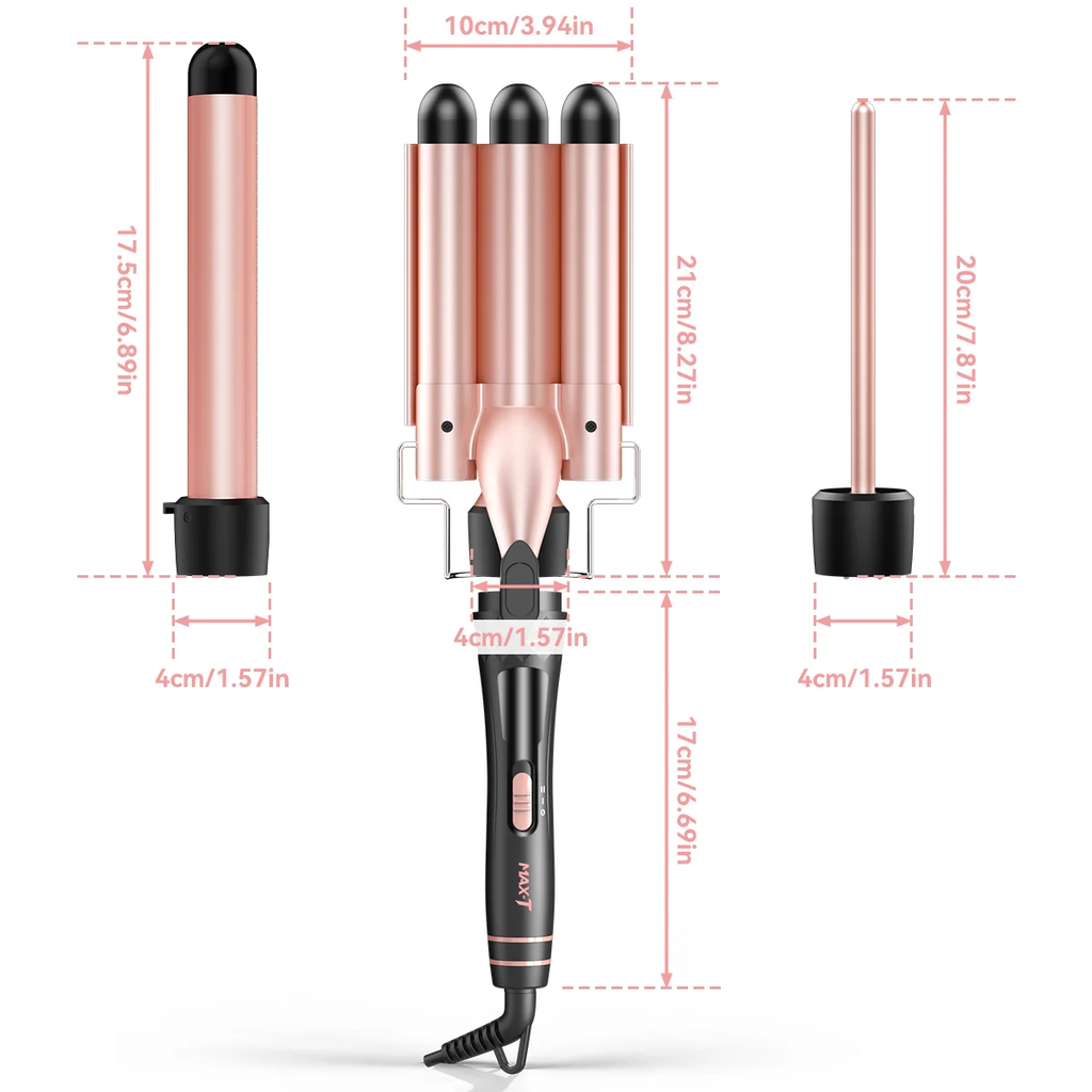3 in 1 Curling Wand Set Included 1 inch 3 barrel hair crimper, 0.35 inch hair curling wand and 1.73 inch wand curler, Long Barrel Curling Iron with Tourmaline Ceramic Coating, Fast Heating