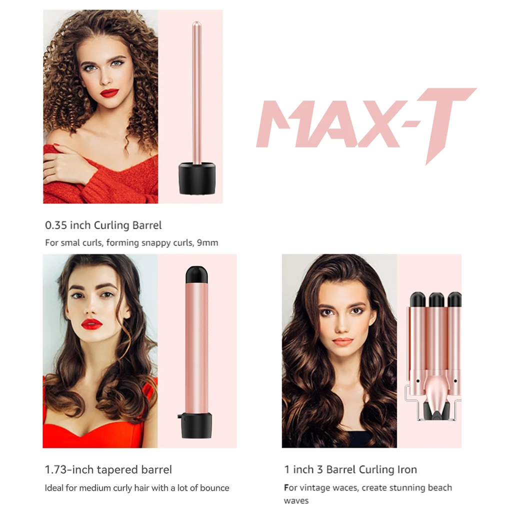 3 in 1 Curling Wand Set Included 1 inch 3 barrel hair crimper, 0.35 inch hair curling wand and 1.73 inch wand curler, Long Barrel Curling Iron with Tourmaline Ceramic Coating, Fast Heating