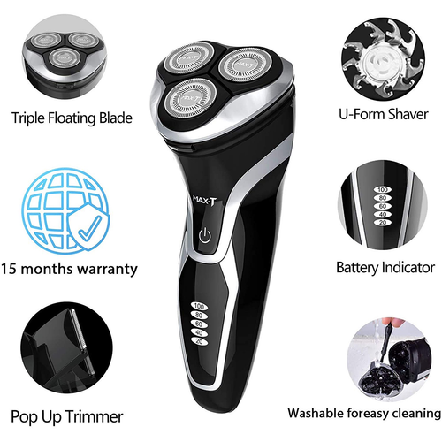MAXT Electric Shaver Rotary Razor for Men Rechargeable Wet & Dry Waterproof Cordless Pop-Trimmer with USB