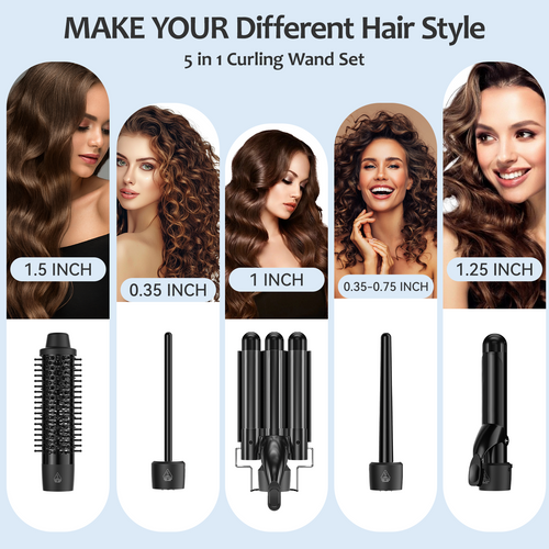 Curling Iron Set 5 in 1, FINETOL Curling Wand Set with Thermal Brush and 4 Interchangeable Ceramic Curling Wand(0.35