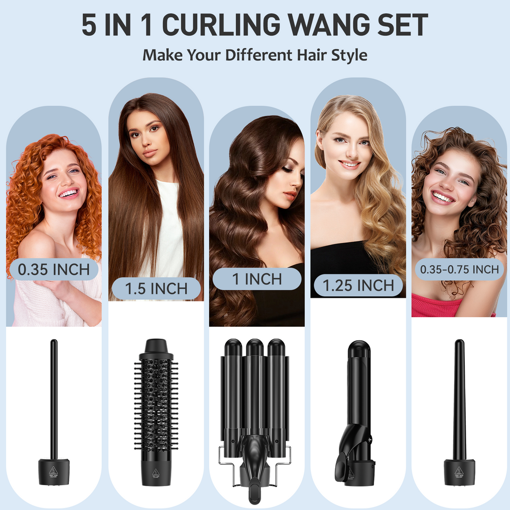 MAXT 5 in 1 Curling Iron Wand Set Dual Voltage 0.35-1.25" Replaceable Ceramic Wand Curler with Glove & Clips Black
