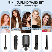 Load image into Gallery viewer, MAXT 5 in 1 Curling Iron Wand Set Dual Voltage 0.35-1.25&quot; Replaceable Ceramic Wand Curler with Glove &amp; Clips Black
