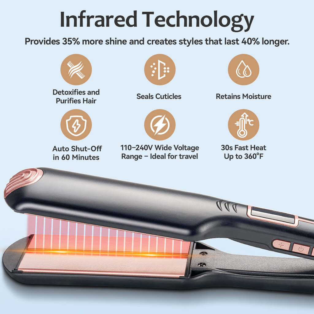 FINETOL Flat Iron Hair Straightener Infrared Hair Straighteners with Wide Ceramic Plates Nano Silver Argan Oil 5 Heat Settings (280°F–450°F) LED Display Dual Voltage,Black
