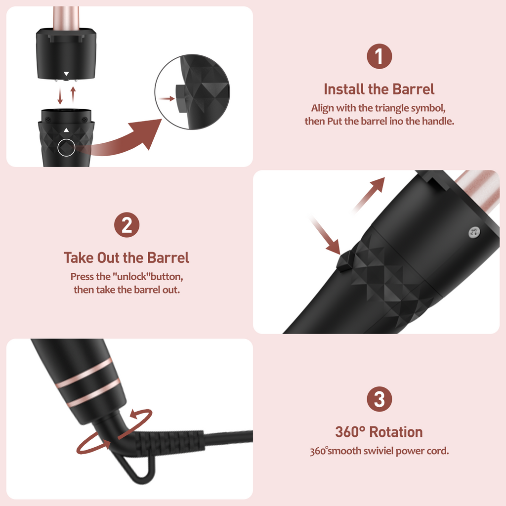 MAXT 5 in 1 Curling Iron Wand Set Dual Voltage 0.35-1.25" Replaceable Ceramic Wand Curler with Glove & Clips Pink