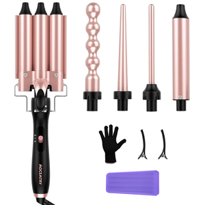 5 in 1 Curling Wand Set, Curling Wand Set with 3 barrel curlers and 4 Interchangeable Ceramic Curling Wand(0.35”-1.25”), Instant Heat Up Wand Curling Iron (Rose Gold)