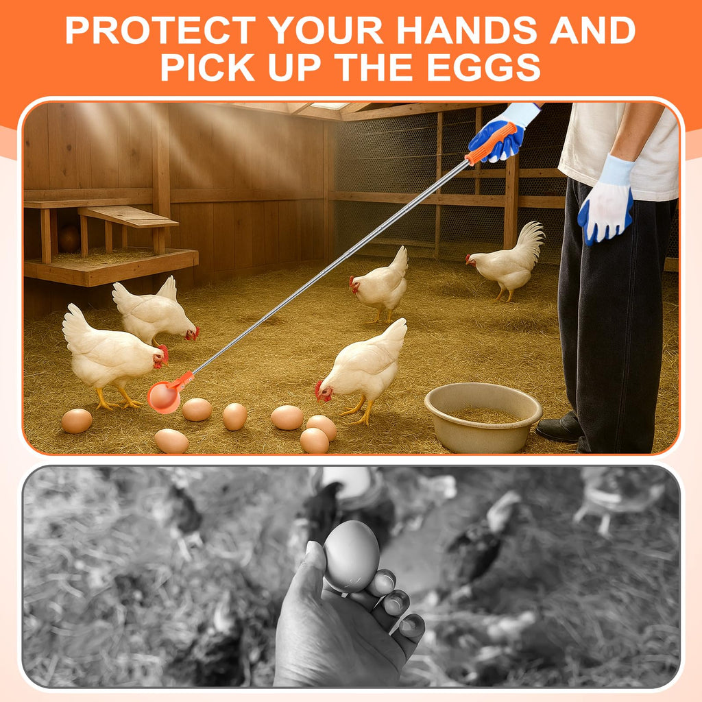 Egg Grabber for Chicken Eggs Extendable Stainless Steel Egg Picker Tool with Non-Slip Handle, Long Reach Egg Lifter for Picking Eggs from Coop, Poultry Nest, and Farm Use